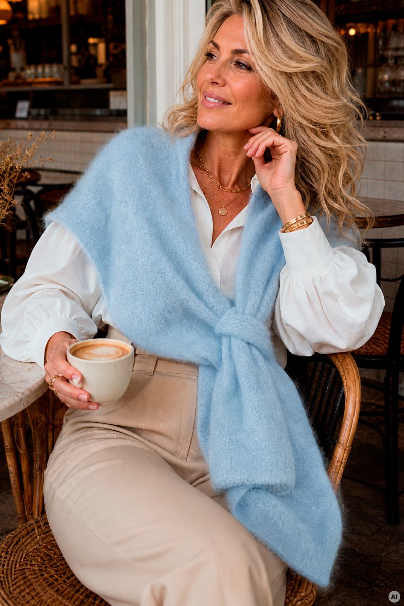 Mohairponcho vaaleansininen